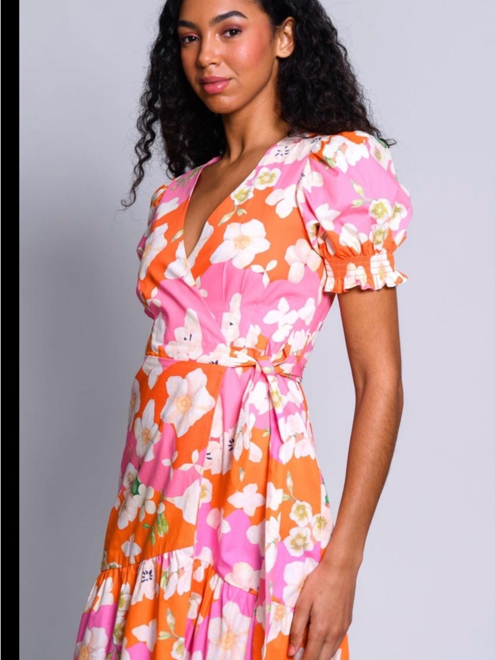Hutch Pink and Orange Floral Wrap Midi Dress with Puff Sleeves - Picture 3 of 6